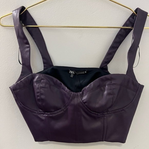 NWT Zara Deep Purple Vegan Leather Lined Boustier Crop Top - Picture 1 of 6